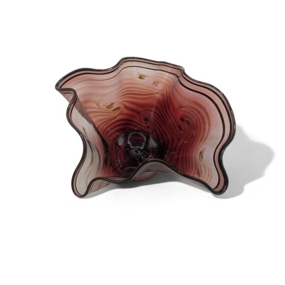 Daniel Reid Hand-Blown Glass Handkerchief Bowl 7" x 4" Tall Red and Gold Signed - Picture 9 of 13